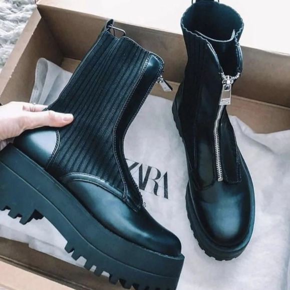 ZARA sz. 40/9 Flat Sock Ankle Boots Zipper Front Booties Combat Chunky Platform - Picture 4 of 15
